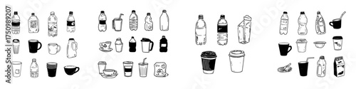 Hand drawn icons of assorted beverage containers and drinkware