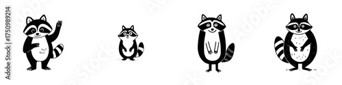 Set of four cute hand drawn raccoon characters in black and white style