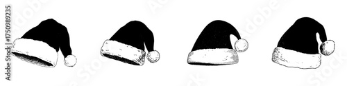 Collection of four black and white hand drawn Santa hats with fur trim