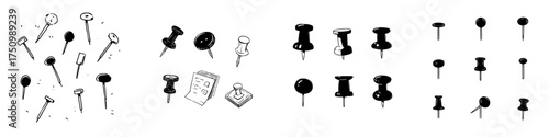 Hand drawn assortment of push pins and thumbtacks in various sketchy styles