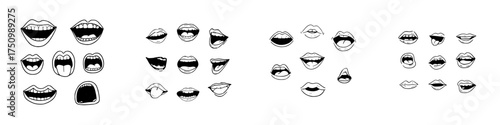 Diverse mouth and lip expressions in black and white outline style