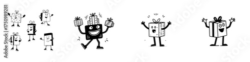 Group of cheerful cartoon gift box characters with limbs