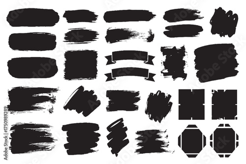 Variety Set of Bold Black Paint Brush Strokes, Shapes, and Banners

