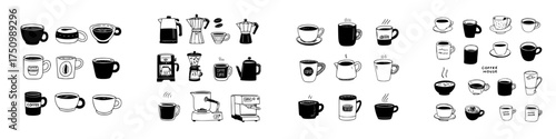 Hand drawn collection of various coffee cups mugs and brewing equipment icons