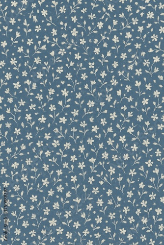 A delicate floral pattern on a blue background. This image showcases a beautiful repeating design of tiny flowers and stems
