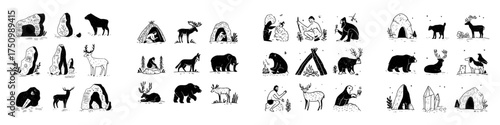 Stone Age icons featuring cave dwellings animals and prehistoric human figures