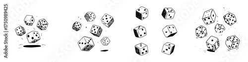 Tumbling and rolling six-sided dice in black and white sketch style