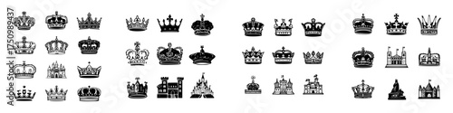 Collection of royal crowns and castle silhouette icons in black and white style