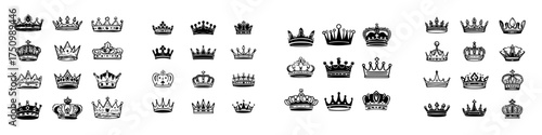 Collection of vintage royal crown icons and symbols in black and white