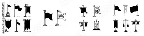 Medieval heraldic flags banners and castle icons in detailed sketch style