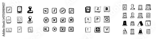 Hand drawn stamp and seal icons set featuring checkmarks and crosses