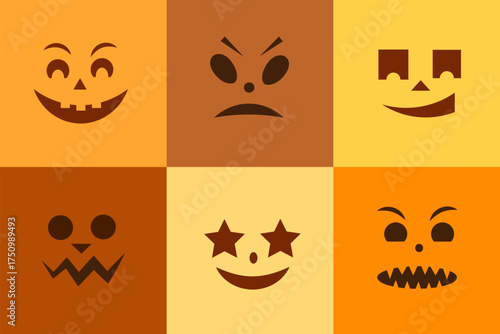Happy Halloween. Different emotions on an orange background. Set of scary faces on the Halloween
