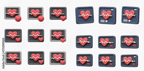 A collection of 3D heart rate monitor icons with heart symbols and pulse lines.