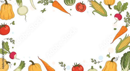 A vibrant collection of fresh garden vegetables arranged in a decorative border on a white background.