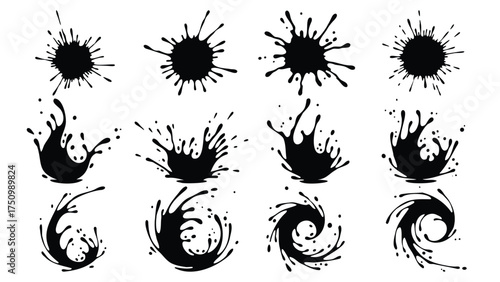 A set of twelve distinct black ink splatters and swirling liquid designs on a white background, perfect for graphic elements.