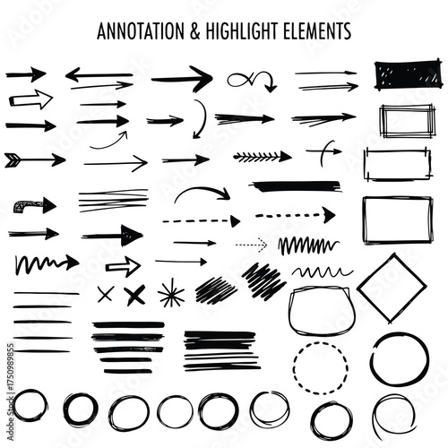 Set of hand-drawn arrows. Collection of hand drawn arrows rectangles circles and scribbles