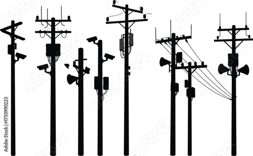 Electric poles with CCTV cameras, loudspeakers, and transformers silhouette
