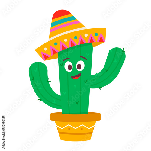 Cute Mexican cactus character in sombrero. Vector illustration isolated.