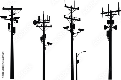 Electric poles with CCTV cameras, loudspeakers, antennas, and transformers silhouette 