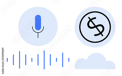 Microphone icon, sound waves, dollar icon, and cloud representing voice technology, audio analysis, cloud storage, digital payments, innovation, communication and monetization in a simple flat