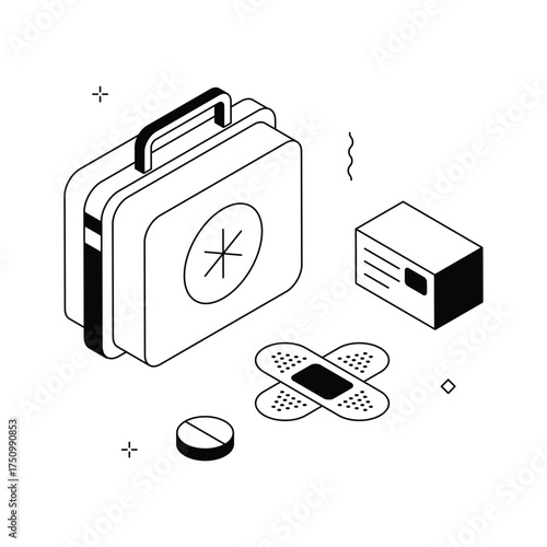 Isometric illustration of first aid kit with medicines, pills, and health care essentials.
