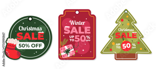 Holiday discount badges collection. Decorative Christmas tags with tree, snow, and presents. Vector template for seasonal marketing and winter sales.