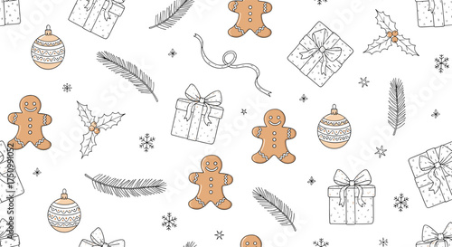 Whimsical holiday pattern featuring gingerbread cookies and festive decorations on a white background.