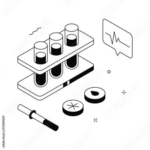 Isometric laboratory interface showing blood test tubes and digital medical results.