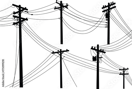 Electric power line poles silhouette, electricity transmission infrastructure with cables 