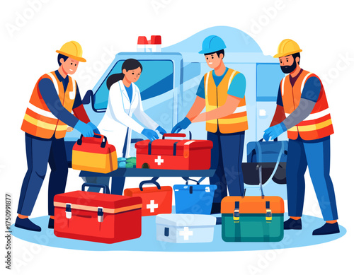 Community preparing emergency kits vector illustration.Flat vector illustration showing people preparing emergency kits and first aid supplies to promote awareness for International Day for Disaster R