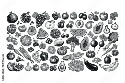 Collection of Black and White Fruit and Vegetable Illustrations food healthy eating