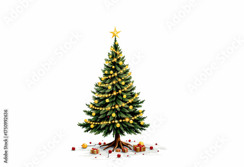 Vibrant Christmas Tree with Golden Ornaments and Gifts Set Against a Serene White Background, Evoking Festive Holiday Spirit and Joyful Celebration