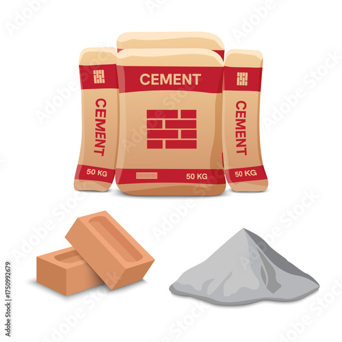 Bagged cement and ready to use bricks for construction work.