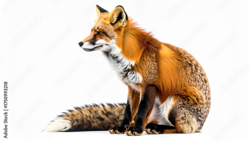 Fototapeta premium Red fox sitting with bushy tail on white background