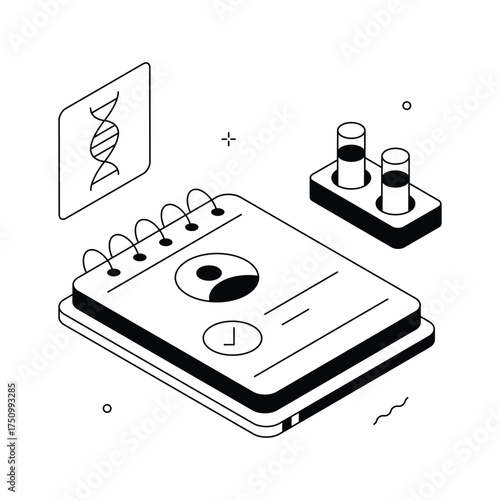 Isometric illustration of DNA testing, genetic research, and biological innovation.