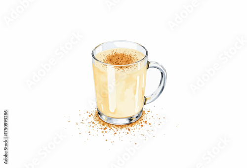 Illustration of a Glass Mug Filled with Creamy Latte Sprinkled with Cinnamon and Surrounded by Coffee Powder on a White Background