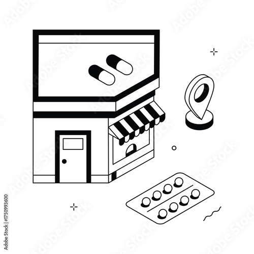 Isometric vector of pharmacy building with medicine and prescription concept.