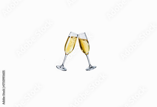 Two Champagne Glasses Clinking on a White Background Celebrating a Special Occasion with Sparkling Bubbles and Elegant Stemware Suggestive of Joy and Festivity