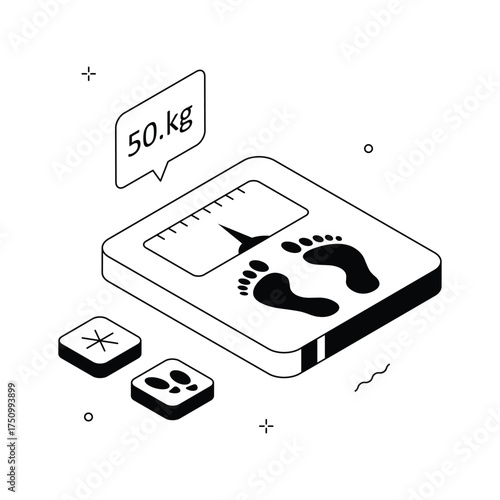 Isometric body weight scale with health data indicators, ready to use illustration
