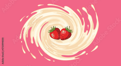 Two ripe strawberries swirling into a creamy vortex against a pink background.