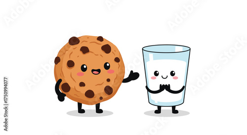 Cute cartoon chocolate chip cookie and a glass of milk waving hello to you.
