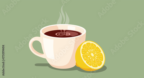 A steaming cup of hot tea with a refreshing slice of lemon on the side.