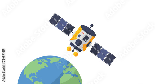 Cartoon Satellite Orbiting Earth with Solar Panels.