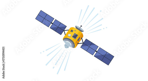 Cartoon Satellite with Solar Panels and Antenna.