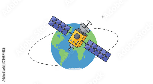 Cartoon Satellite Orbiting Earth with Solar Panels and Antenna.