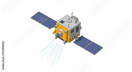 Illustrated Satellite with Solar Panels and Antennae in Space.