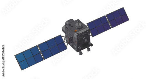 Detailed Satellite Illustration with Solar Panels and Antenna.