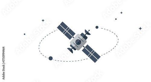 Stylized Satellite in Orbit with Solar Panels and Antenna.