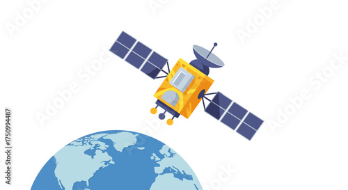 Cartoon Satellite Orbiting Earth with Solar Panels and Antenna.