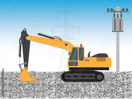 Yellow excavator digs the ground, vector illustration.